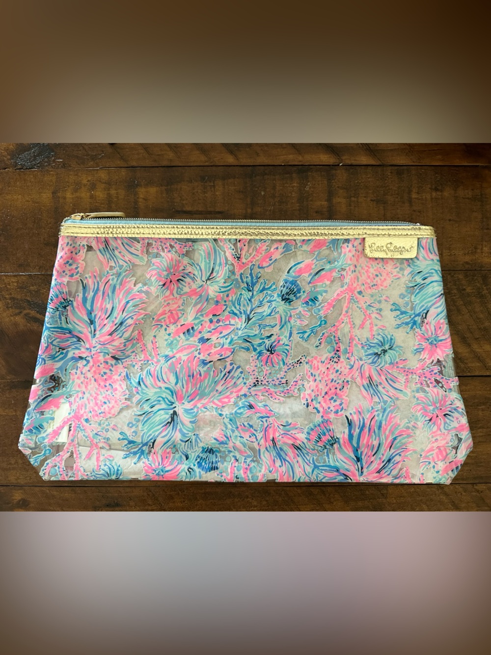 Lilly Pulitzer Pink & Blue Coral Floral Cosmetic Pouch with Gold Zipper